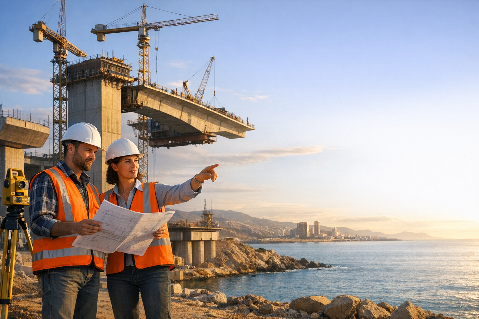 Civil engineering team at bridge construction site